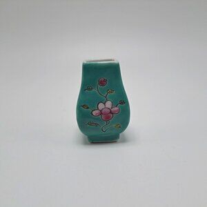 Miniature Hand Painted Floral Turquoise Ceramic Vase Ornament Collectible Decor